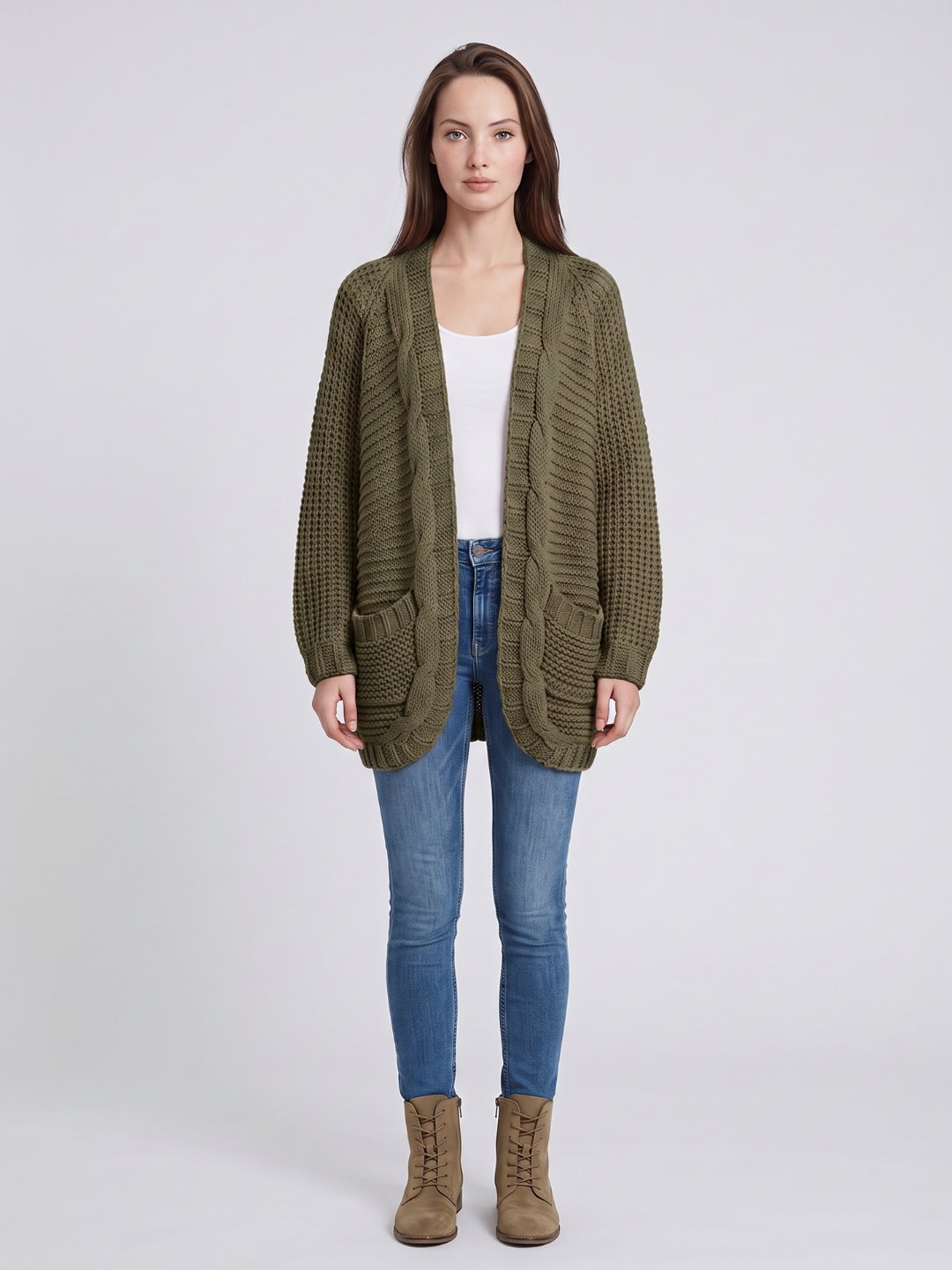 Oversized Cable Knit Cardigan with Patch Pockets in Green