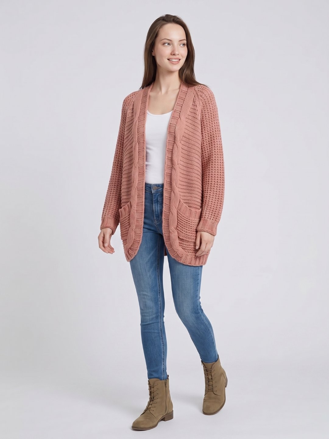 Oversized Cable Knit Cardigan with Patch Pockets