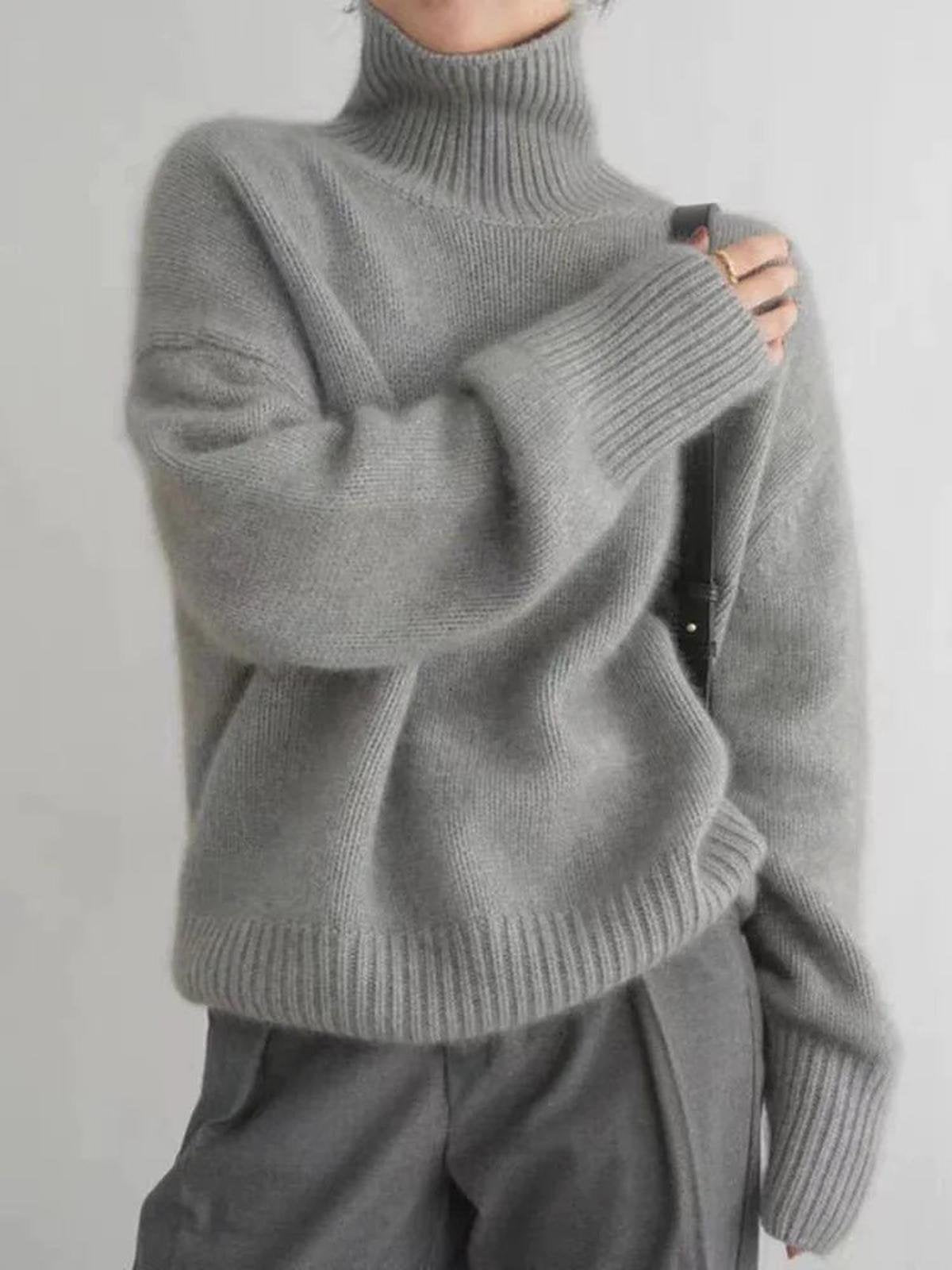 Oversized Knit Sweater with a Turtleneck and Dropped Shoulders in Grey