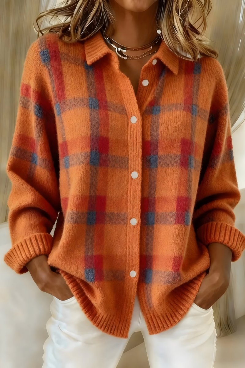Oversized Plaid Cardigan with a Collar and Button Front in Orange