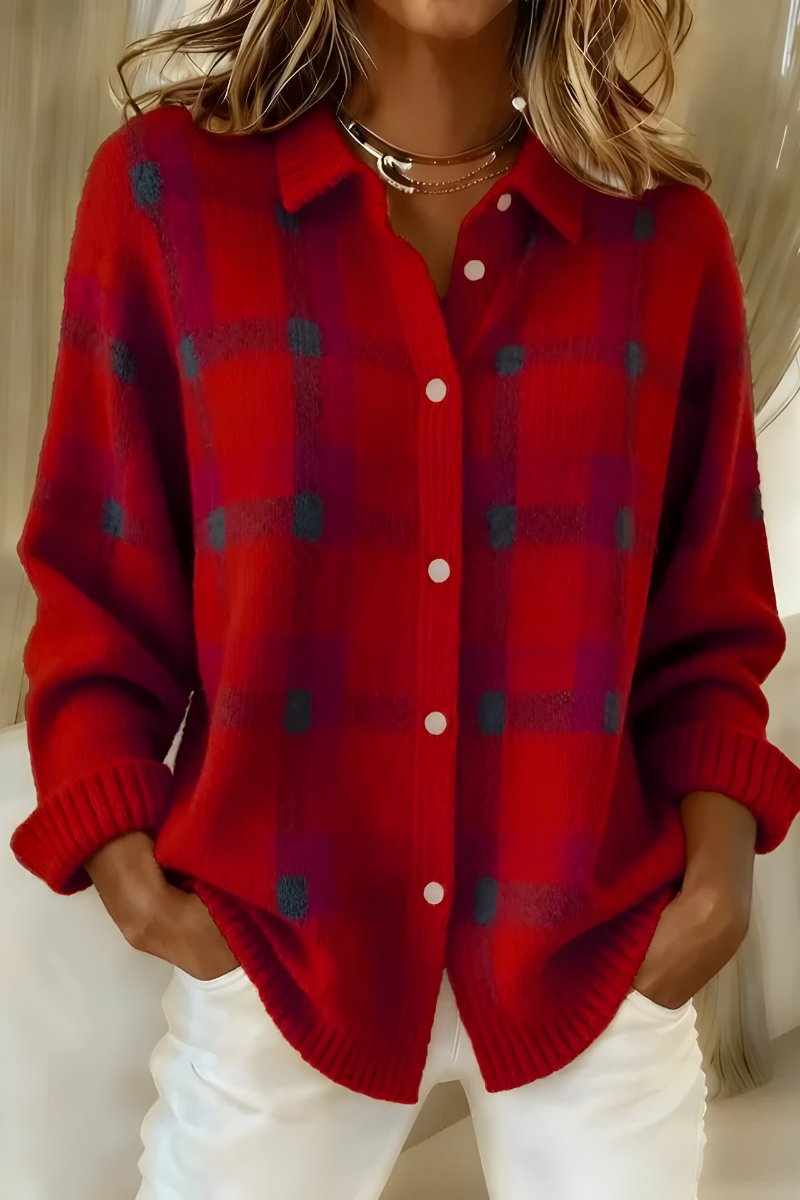 Oversized Plaid Cardigan with a Collar and Button Front in Red