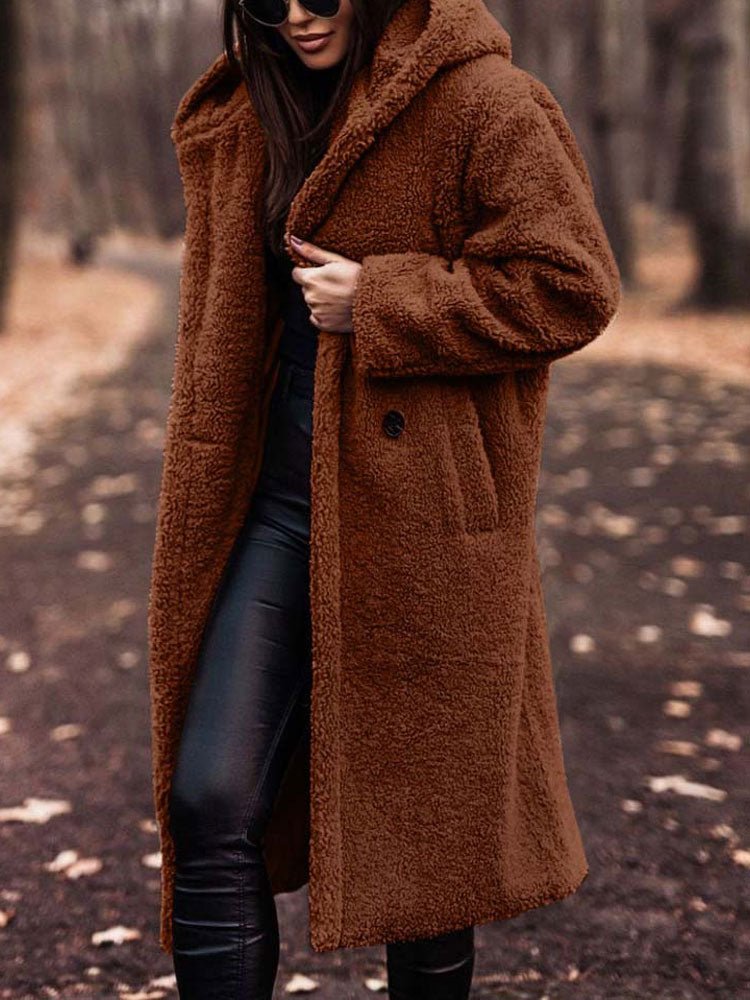 Oversized Teddy Overcoat with a Notch Collar and Deep Pockets in Brown