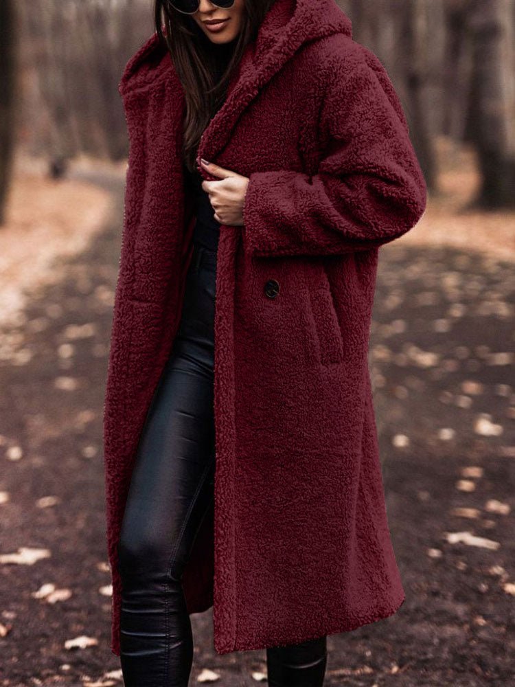 Oversized Teddy Overcoat with a Notch Collar and Deep Pockets in Red
