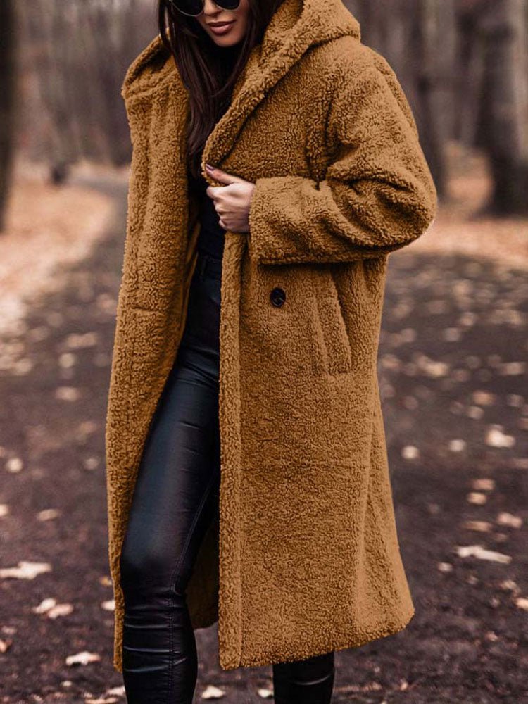 Oversized Teddy Overcoat with a Notch Collar and Deep Pockets in Gold