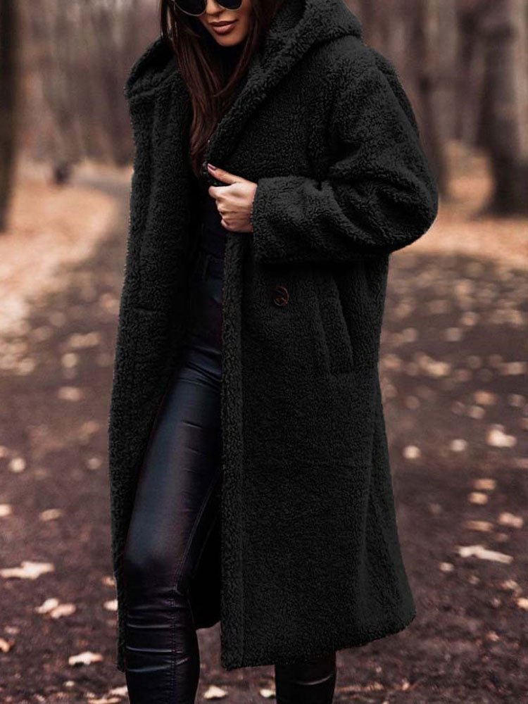 Oversized Teddy Overcoat with a Notch Collar and Deep Pockets in Black