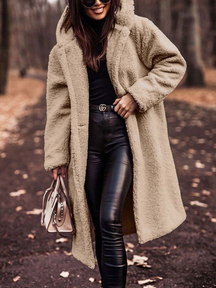 Oversized Teddy Overcoat with a Notch Collar and Deep Pockets in Beige