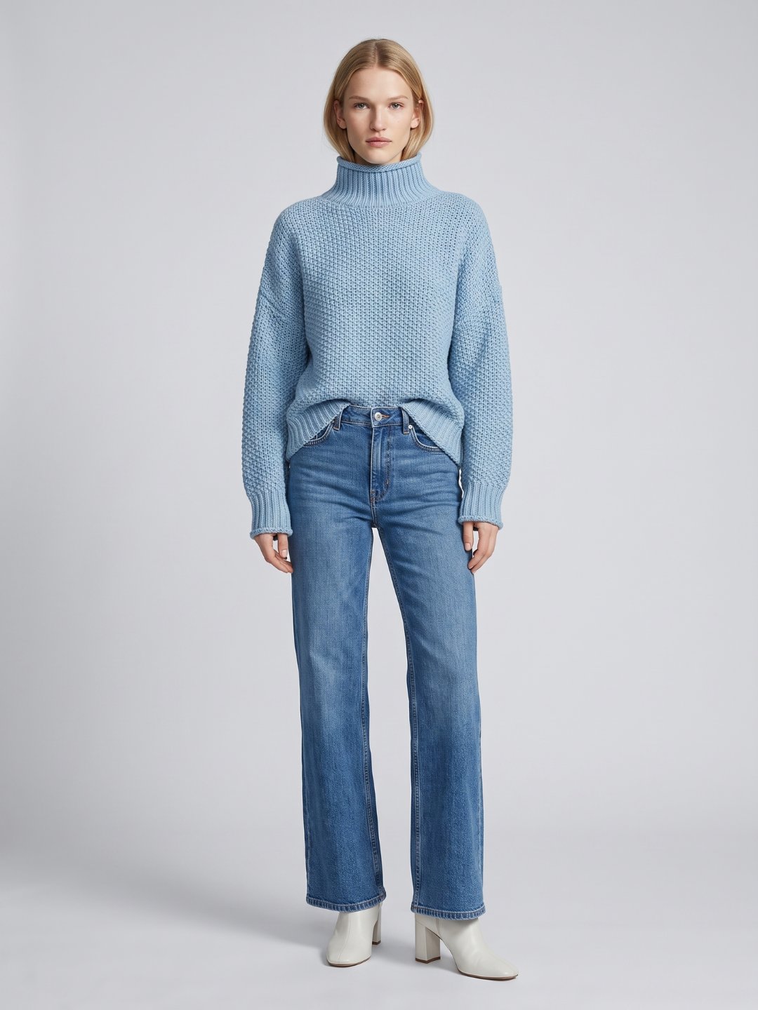 Oversized Waffle Knit Turtleneck Sweater with Ribbed Trims in Sky Blue