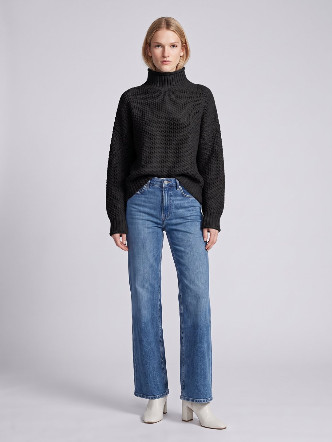 Oversized Waffle Knit Turtleneck Sweater with Ribbed Trims in Black