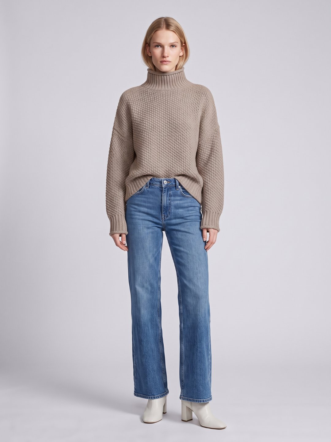 Oversized Waffle Knit Turtleneck Sweater with Ribbed Trims in Khaki
