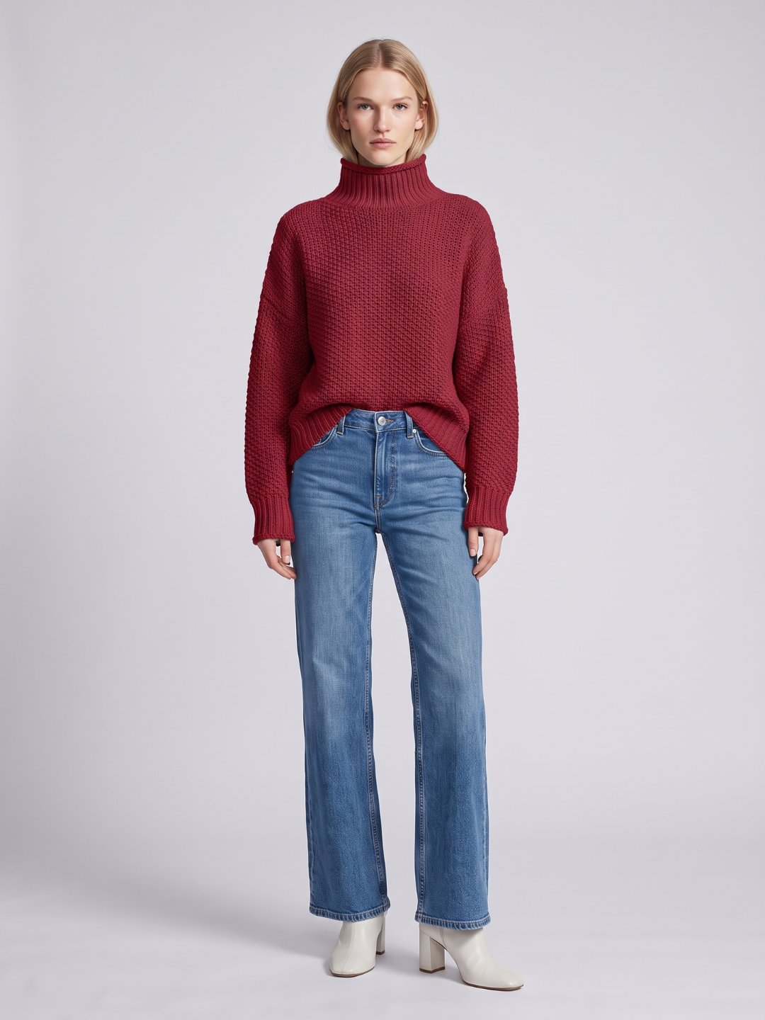 Oversized Waffle Knit Turtleneck Sweater with Ribbed Trims in Burgundy