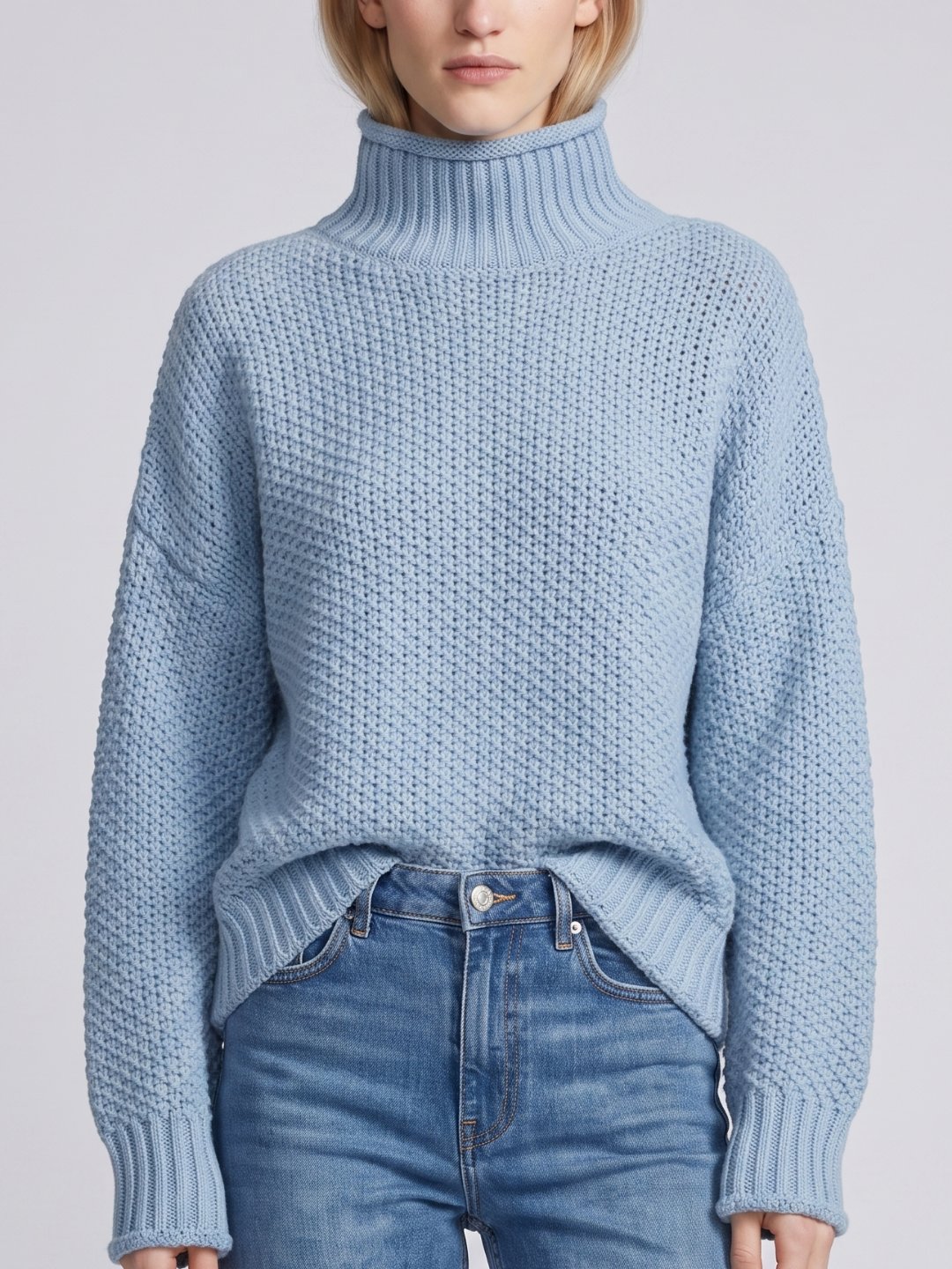 Oversized Waffle Knit Turtleneck Sweater with Ribbed Trims
