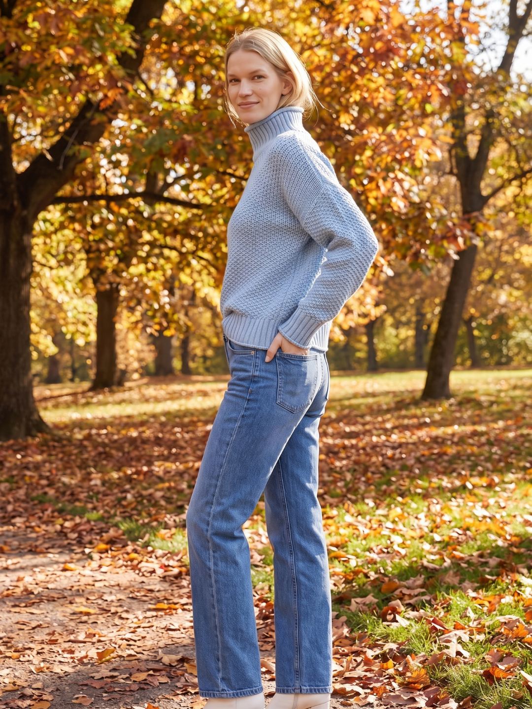Oversized Waffle Knit Turtleneck Sweater with Ribbed Trims