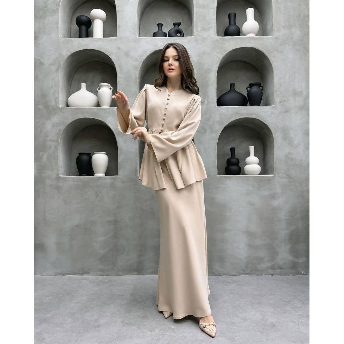 Peplum Top and Maxi Skirt Set with a Button Front and Full Sleeves in Beige
