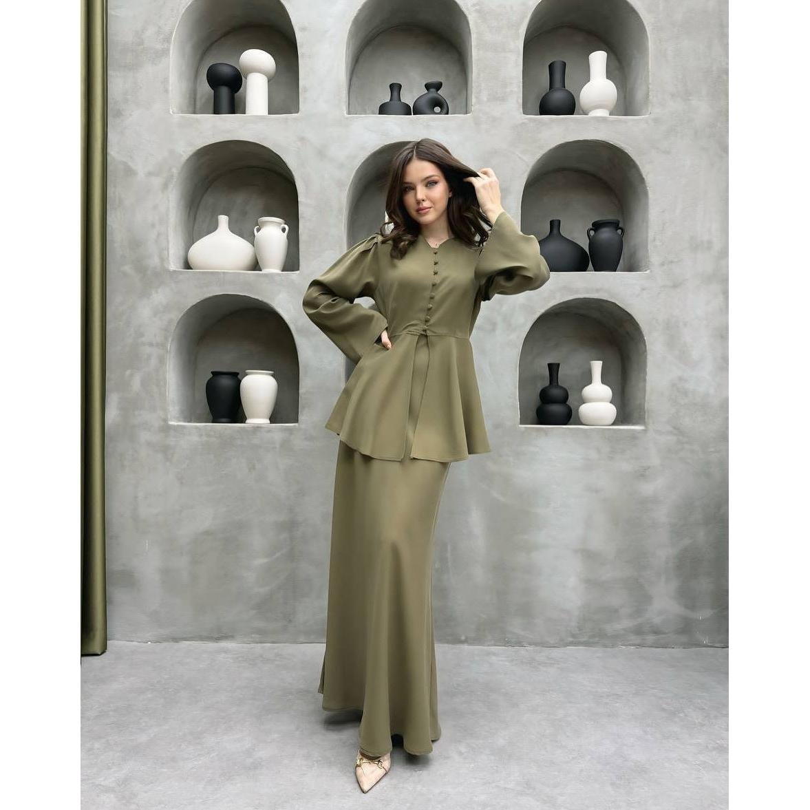 Peplum Top and Maxi Skirt Set with a Button Front and Full Sleeves in Olive Green