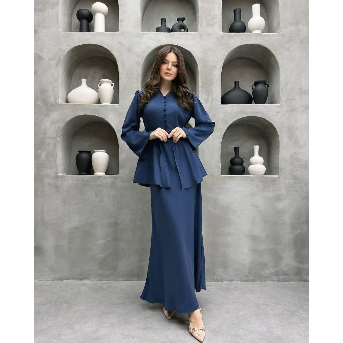 Peplum Top and Maxi Skirt Set with a Button Front and Full Sleeves in Navy Blue