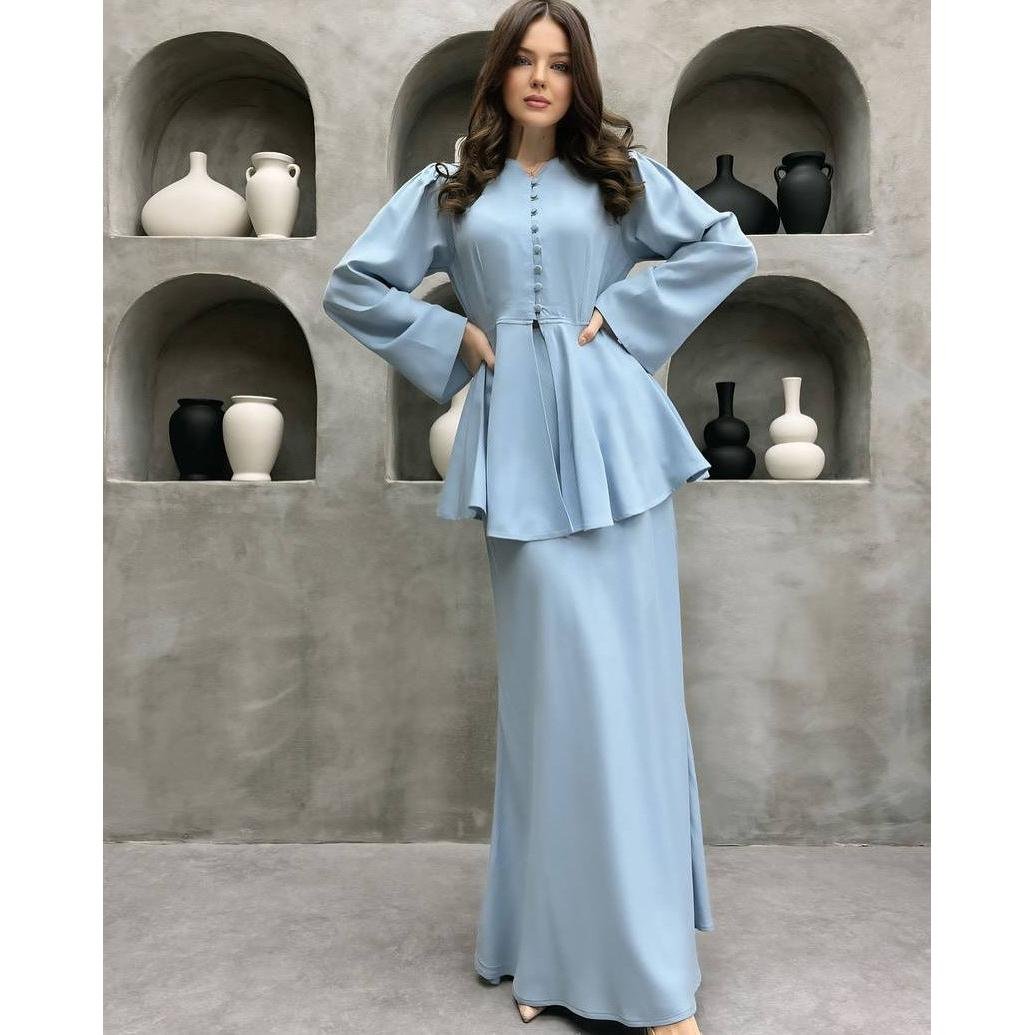 Peplum Top and Maxi Skirt Set with a Button Front and Full Sleeves in Light Blue