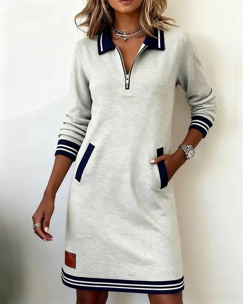 Quarter Zip Knit Midi Dress with Contrast Collar and Pockets in Grey