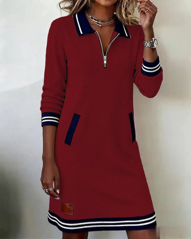 Quarter Zip Knit Midi Dress with Contrast Collar and Pockets