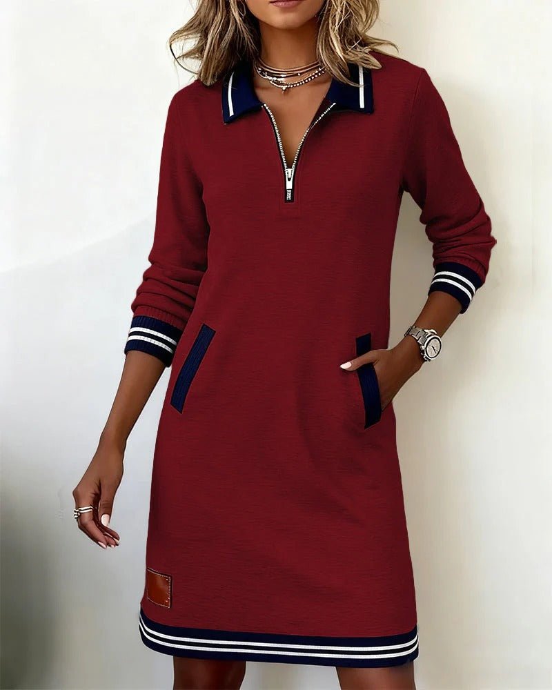 Quarter Zip Knit Midi Dress with Contrast Collar and Pockets