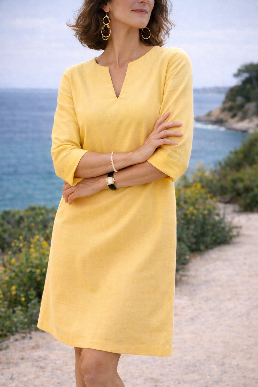 Relaxed Mini Dress with a Split V Neck and Three-Quarter Sleeves in Yellow