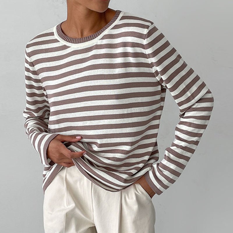 Relaxed Striped Sweater with a Crew Neck and Long Sleeves in Brown