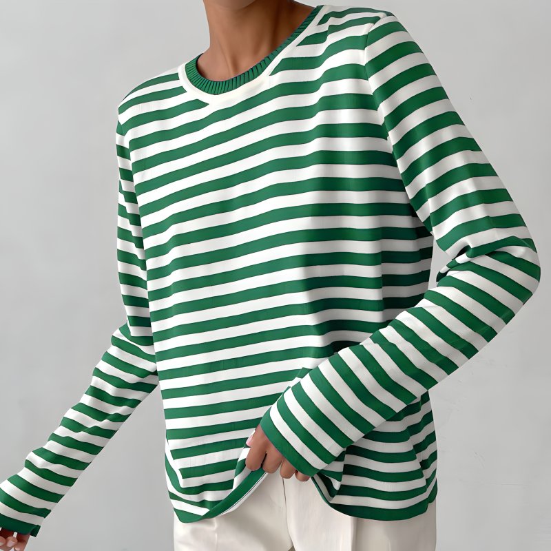 Relaxed Striped Sweater with a Crew Neck and Long Sleeves in Green