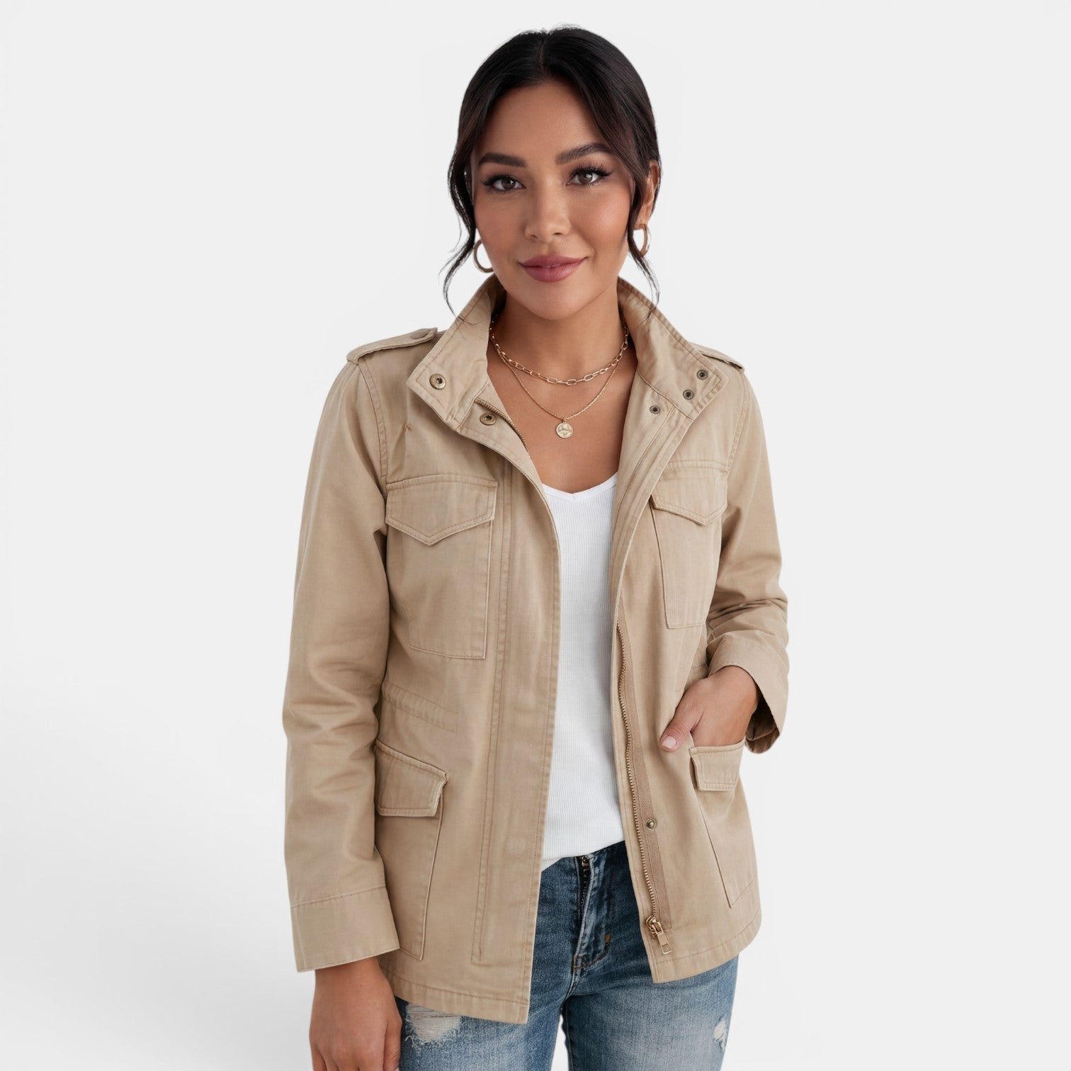Relaxed Utility Jacket with Flap Pockets and a Snap Front in Beige