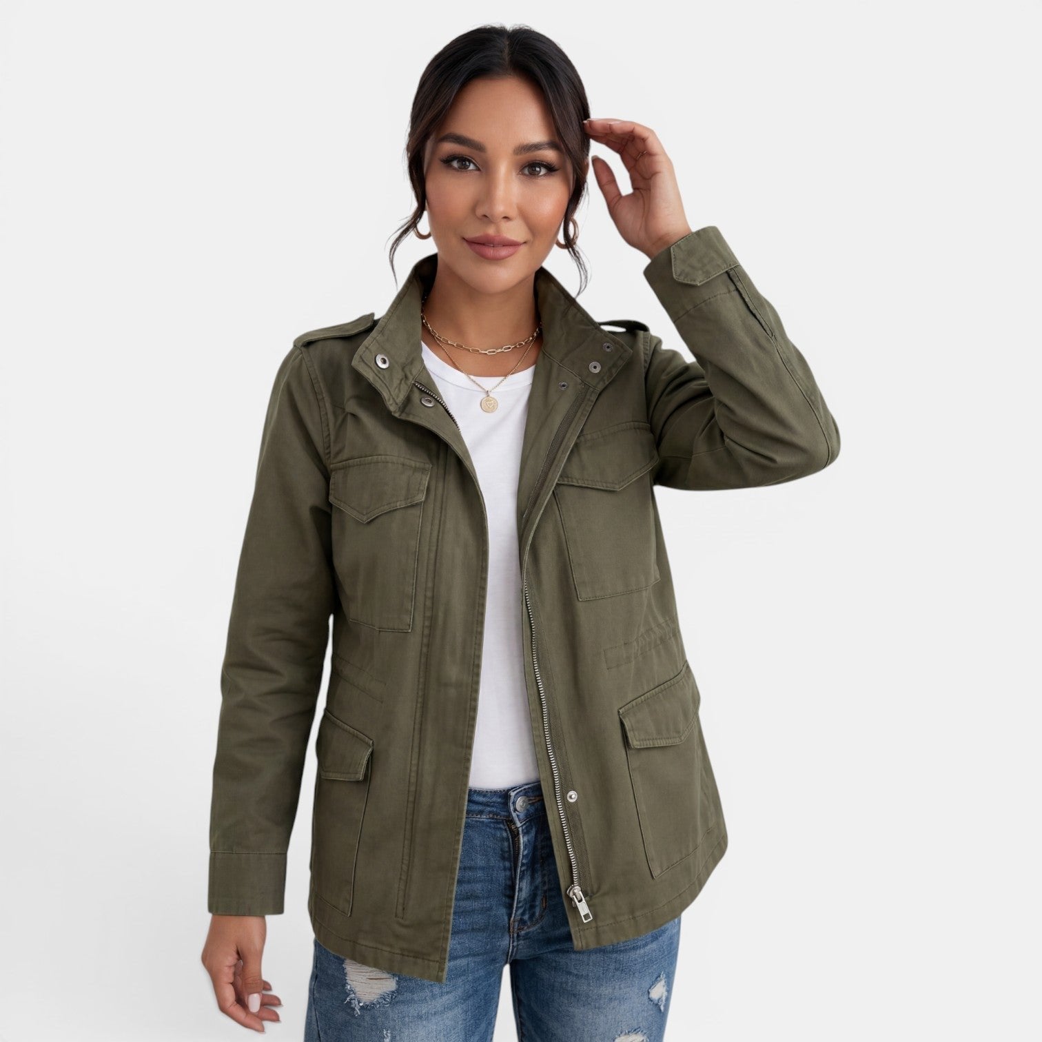 Relaxed Utility Jacket with Flap Pockets and a Snap Front in Green