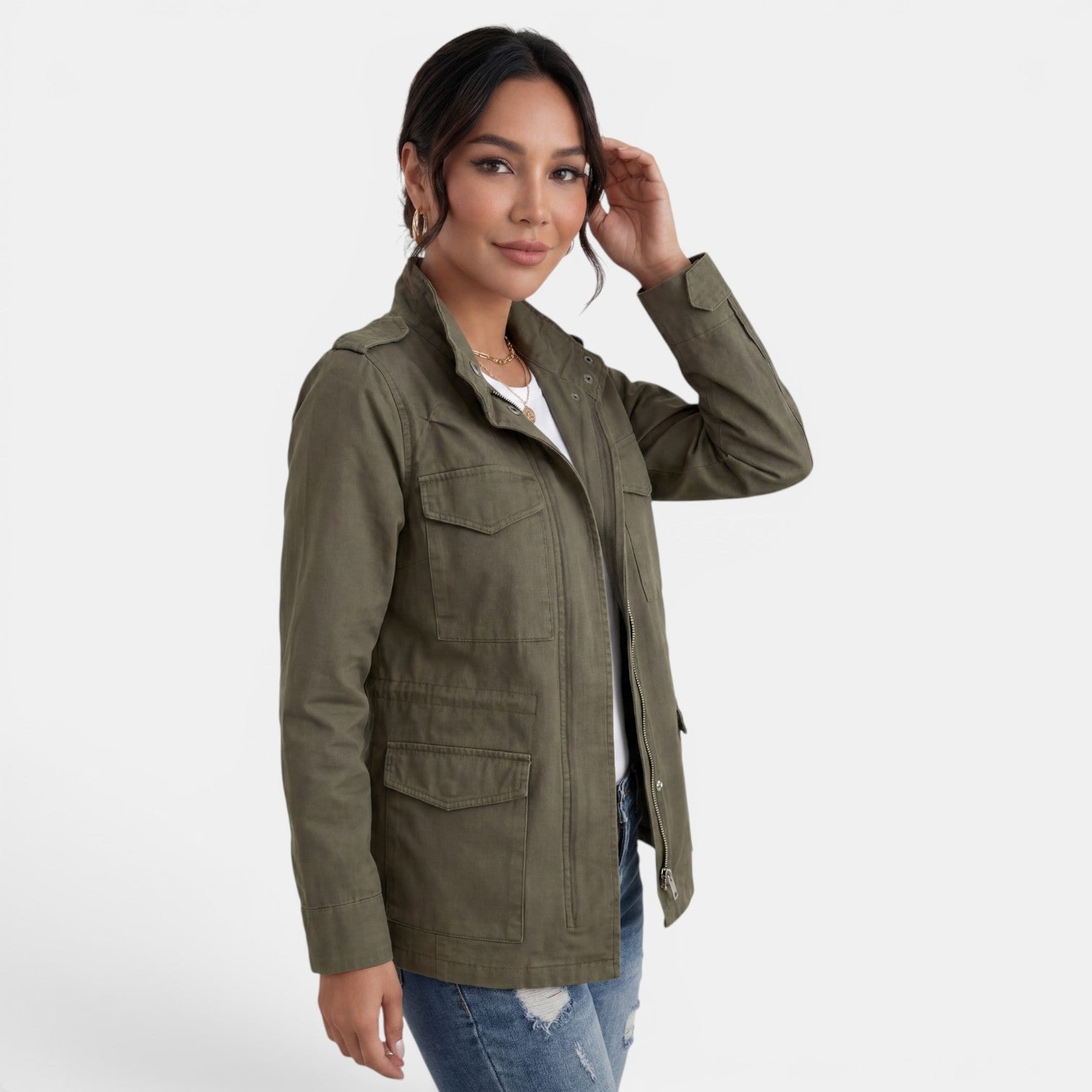 Relaxed Utility Jacket with Flap Pockets and a Snap Front