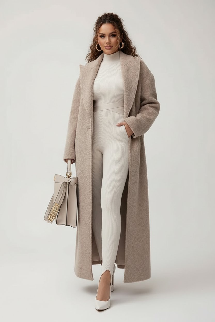 Relaxed Wool-Look Overcoat with a Notch Collar and Open Front in Brown