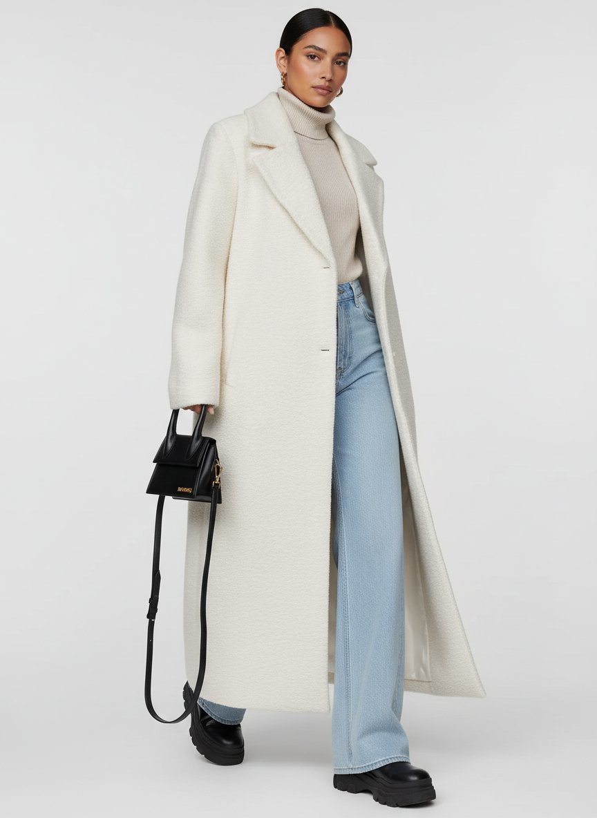 Relaxed Wool-Look Overcoat with a Notch Collar and Open Front in White