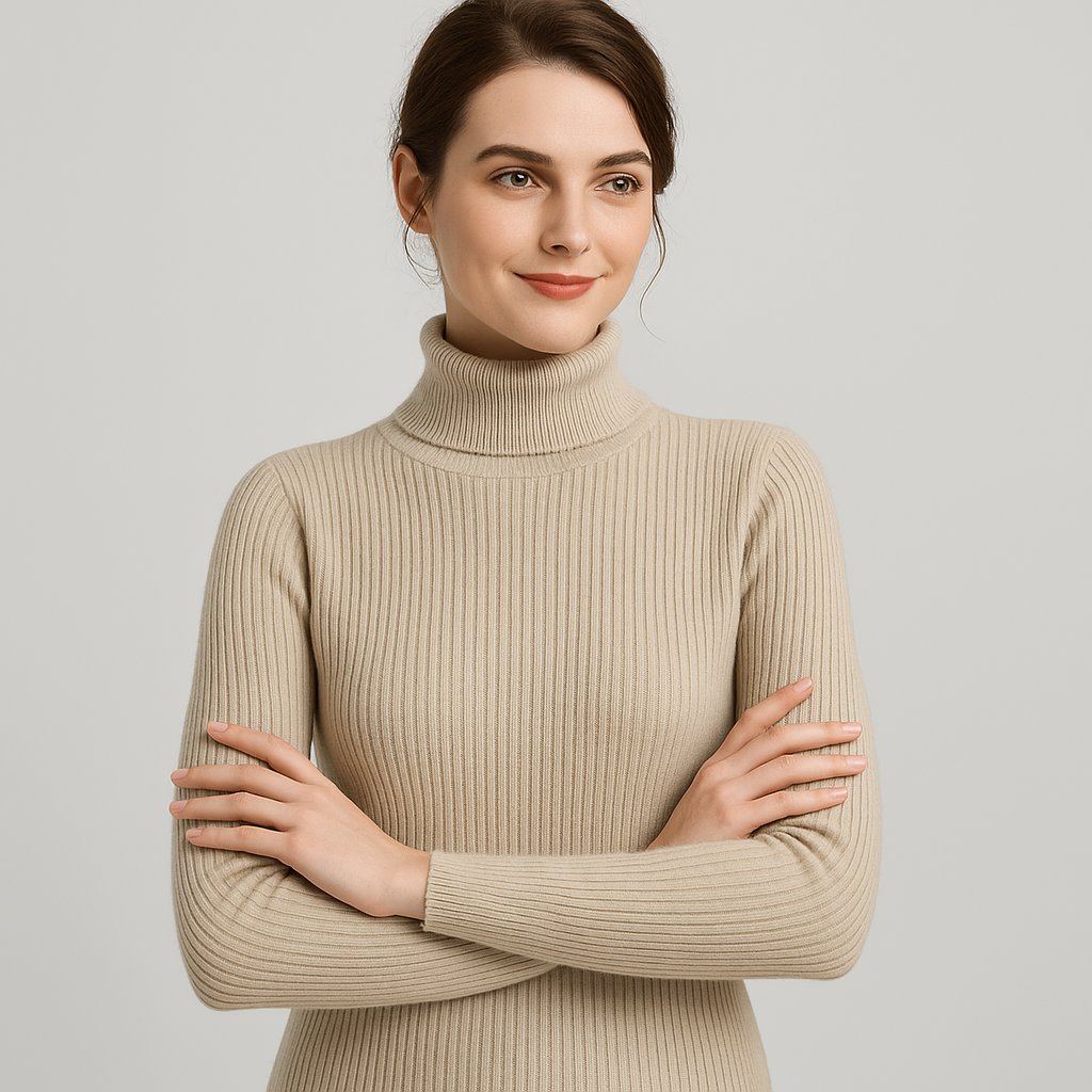 Ribbed Turtleneck Sweater with a Slim Fit and Long Sleeves in Beige