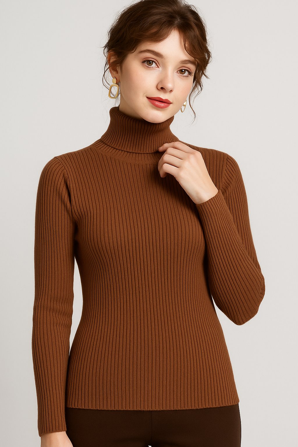 Ribbed Turtleneck Sweater with a Slim Fit and Long Sleeves in Brown