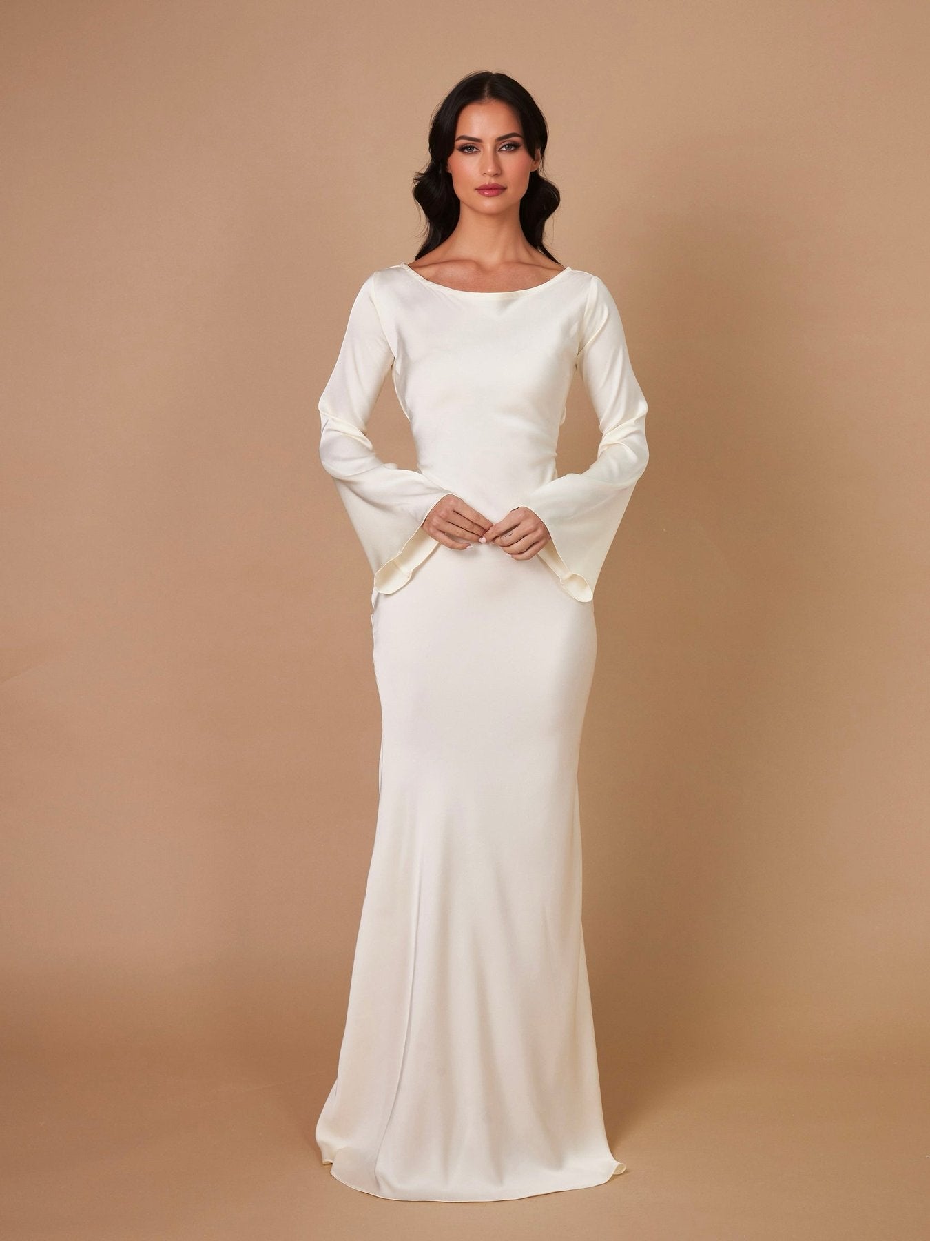 Satin Bodycon Maxi Dress with a Wide Neck and Flared Cuffs in White