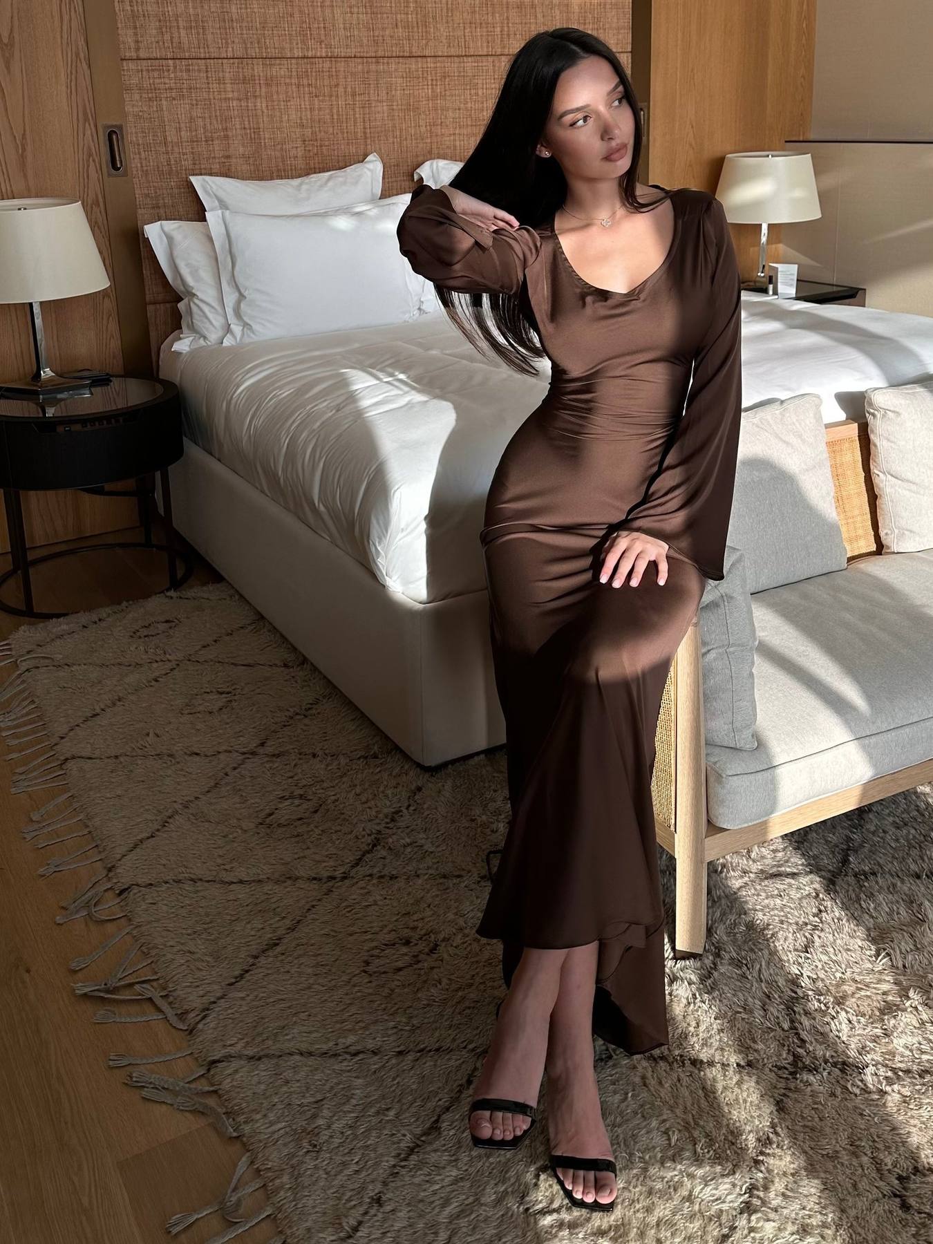 Satin Bodycon Maxi Dress with a Wide Neck and Flared Cuffs in Coffee