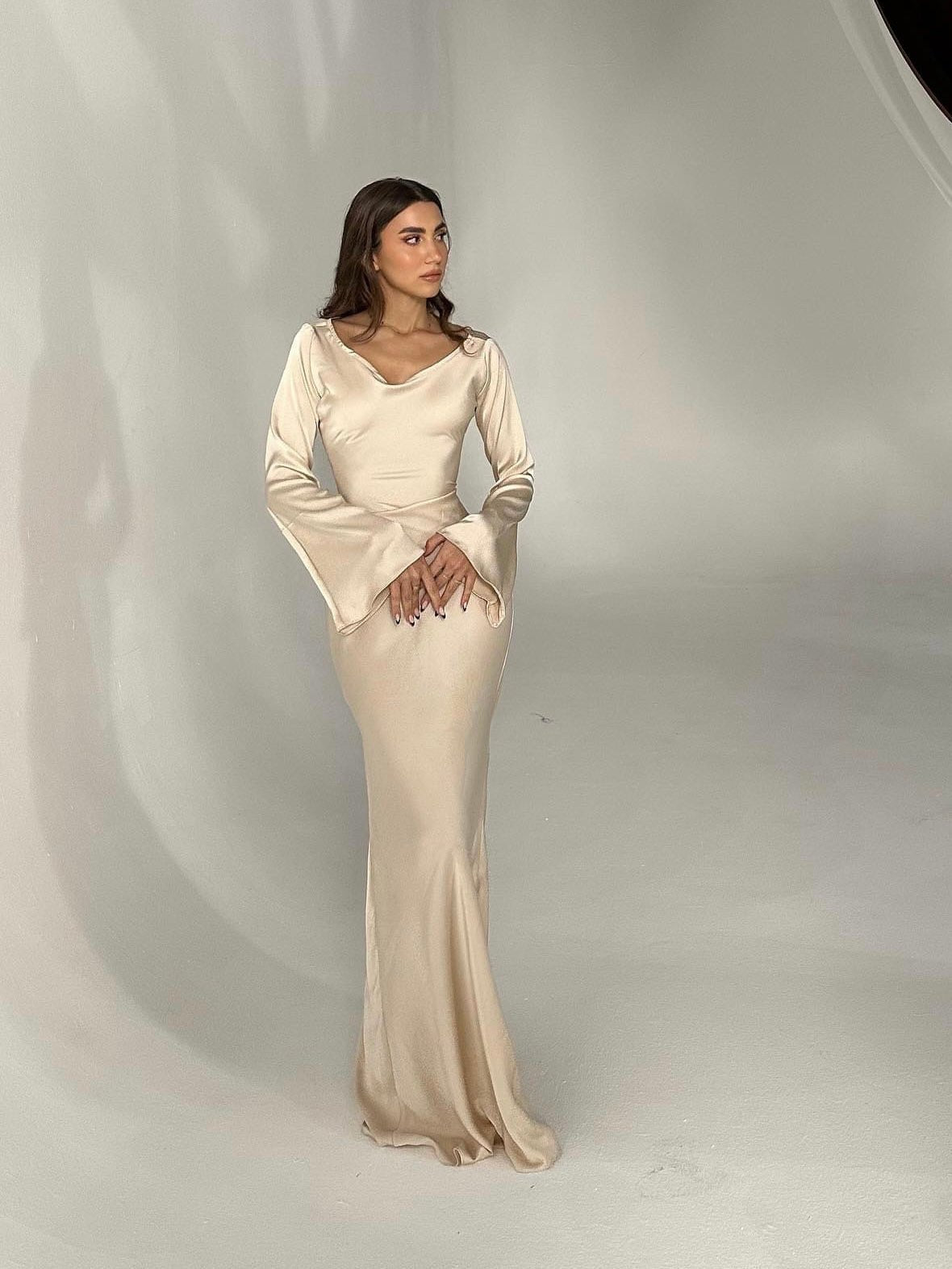 Satin Bodycon Maxi Dress with a Wide Neck and Flared Cuffs