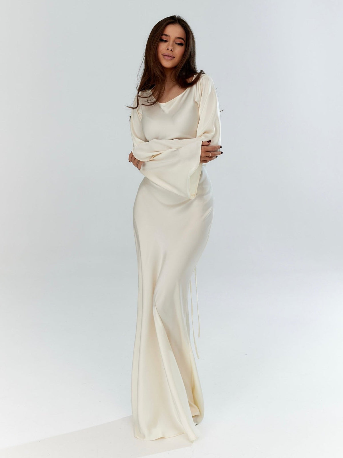 Satin Bodycon Maxi Dress with a Wide Neck and Flared Cuffs