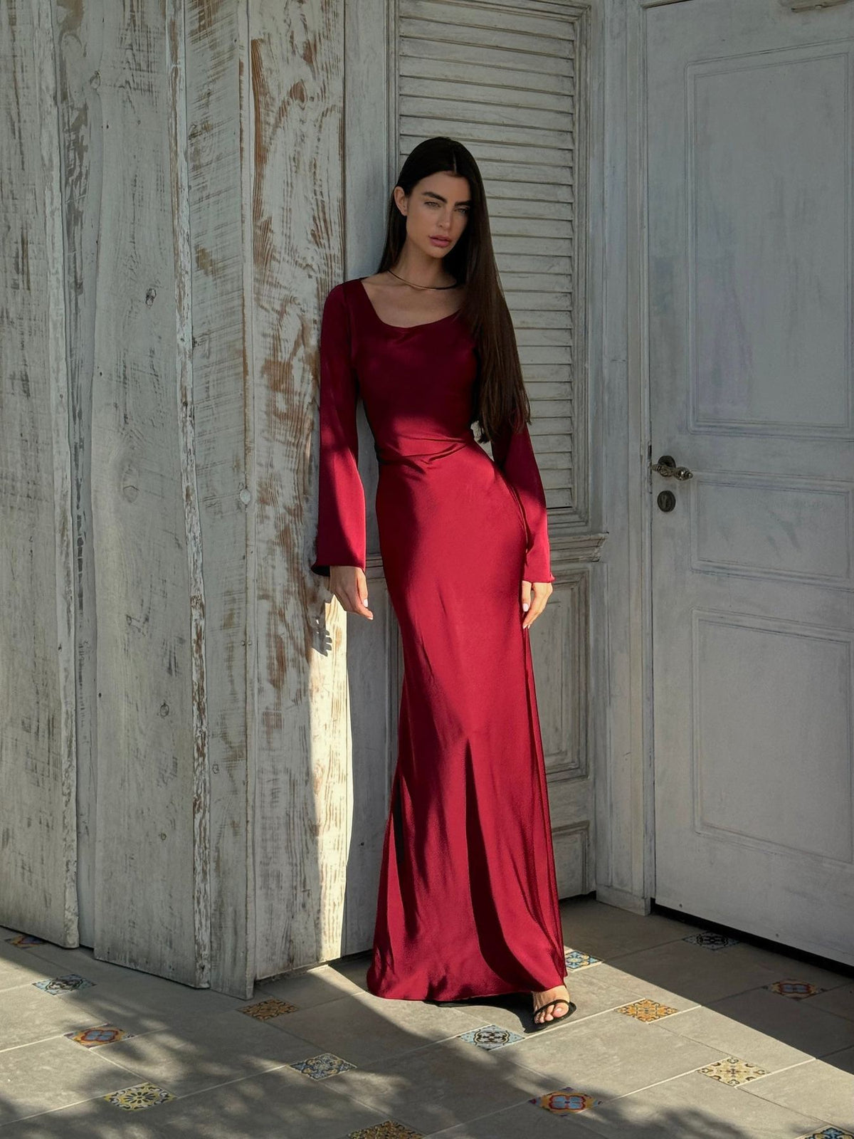 Satin Bodycon Maxi Dress with a Wide Neck and Flared Cuffs