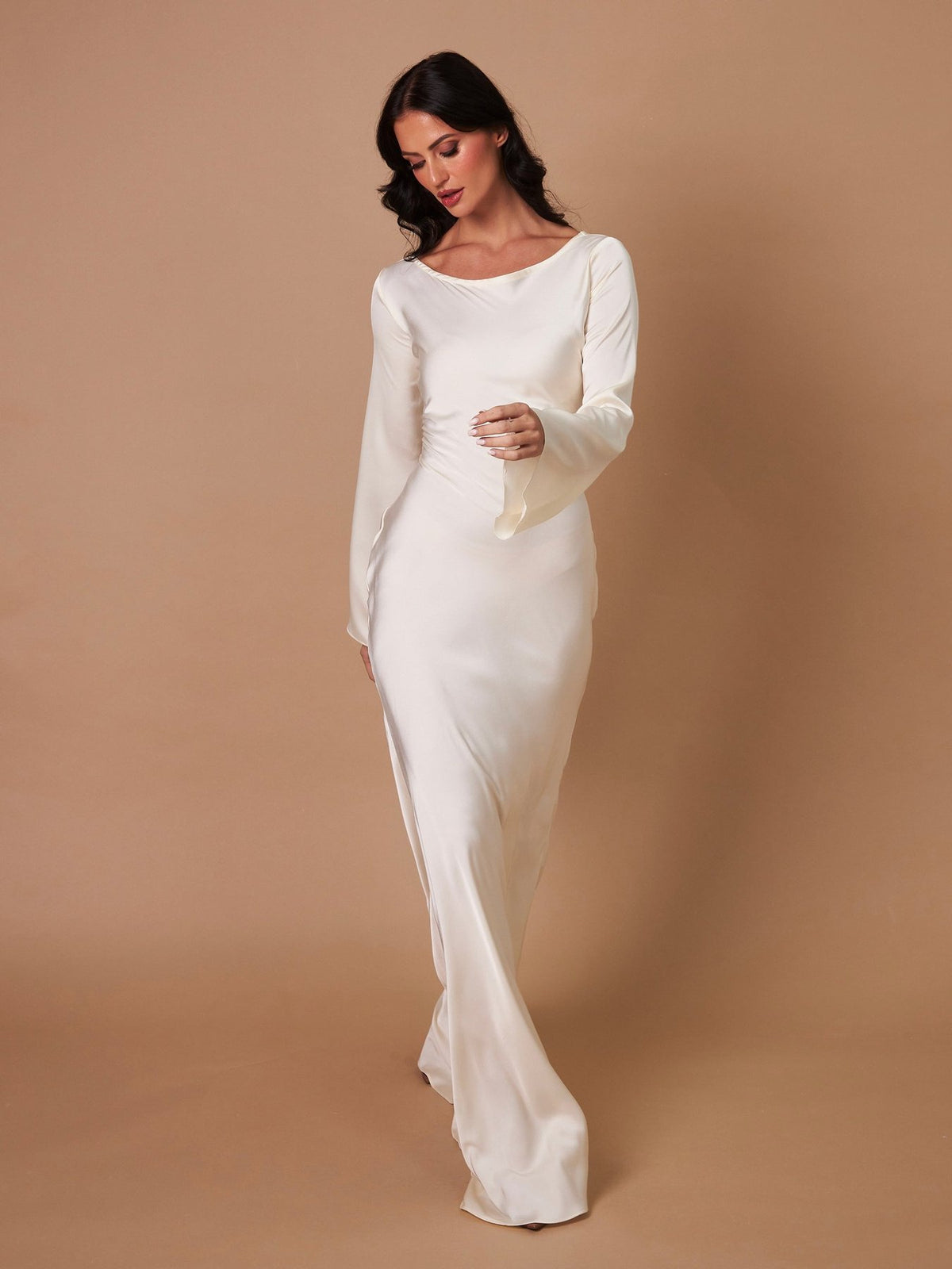 Satin Bodycon Maxi Dress with a Wide Neck and Flared Cuffs