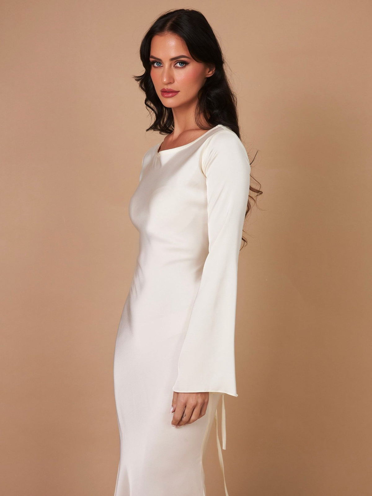 Satin Bodycon Maxi Dress with a Wide Neck and Flared Cuffs