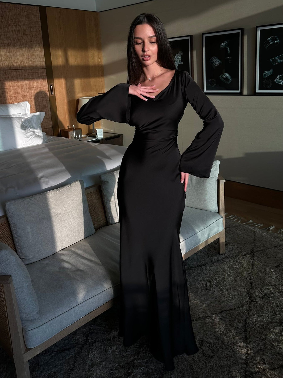Satin Bodycon Maxi Dress with a Wide Neck and Flared Cuffs