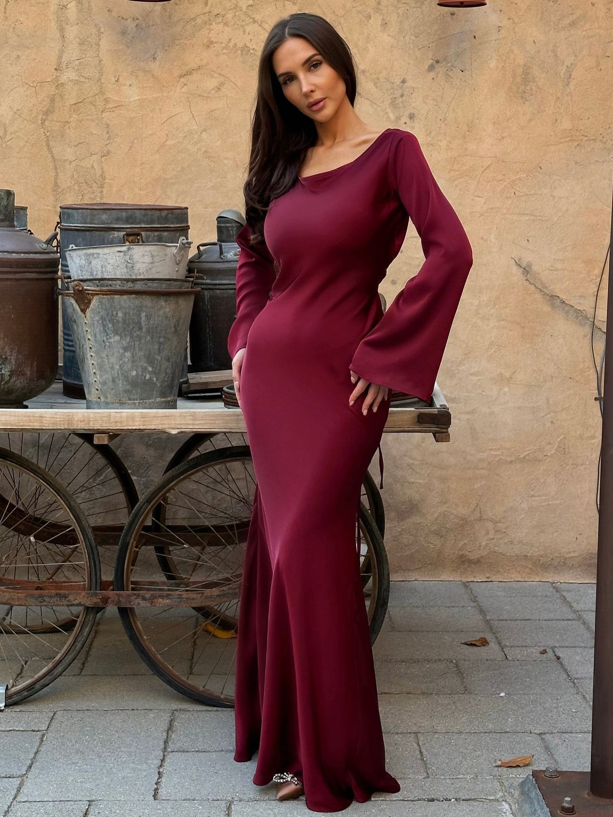 Satin Bodycon Maxi Dress with a Wide Neck and Flared Cuffs