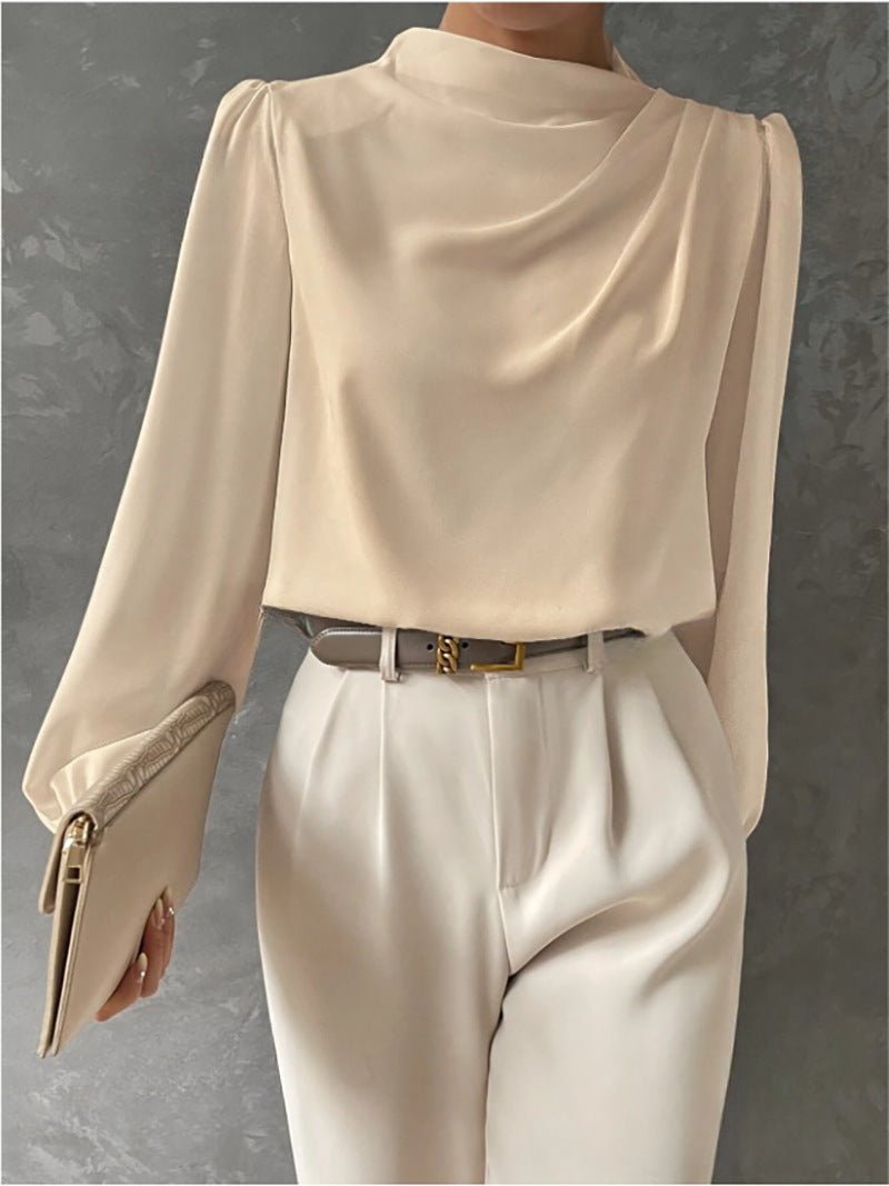 Satin Cowl Neck Blouse with Full Sleeves and a Relaxed Cut in Beige