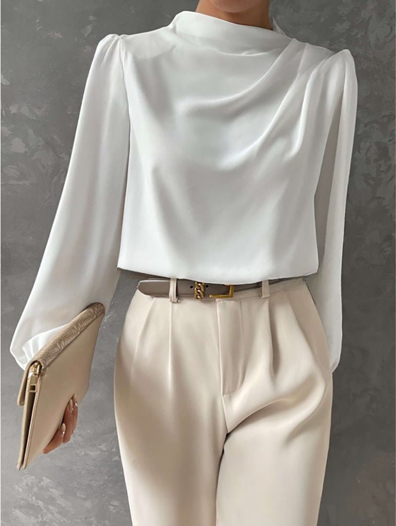 Satin Cowl Neck Blouse with Full Sleeves and a Relaxed Cut in White