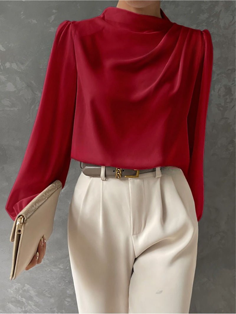 Satin Cowl Neck Blouse with Full Sleeves and a Relaxed Cut in Red