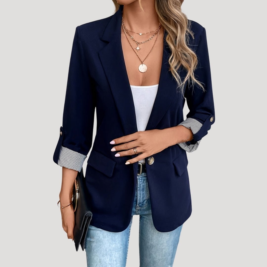 Single-Breasted Tailored Blazer with Roll-Up Sleeves in Navy Blue