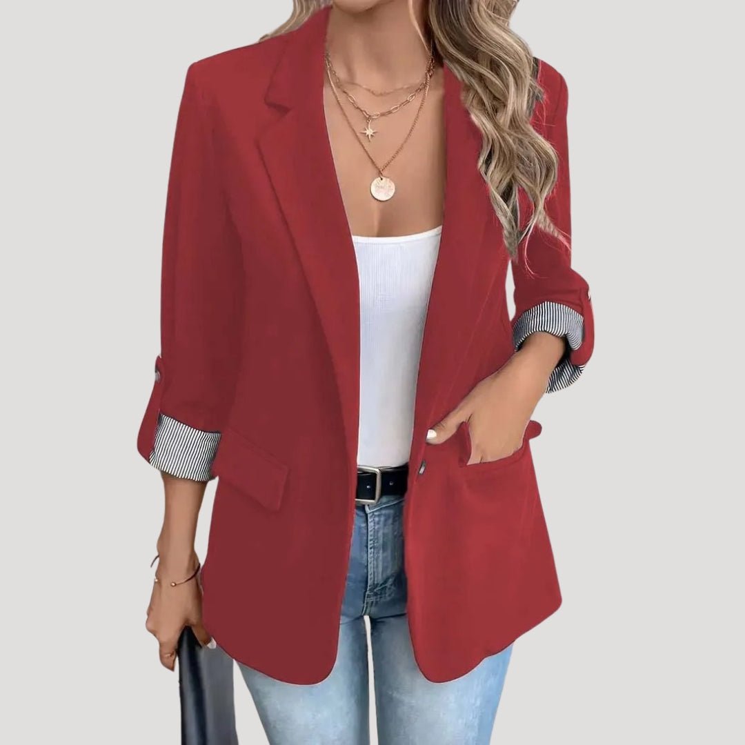 Single-Breasted Tailored Blazer with Roll-Up Sleeves in Red