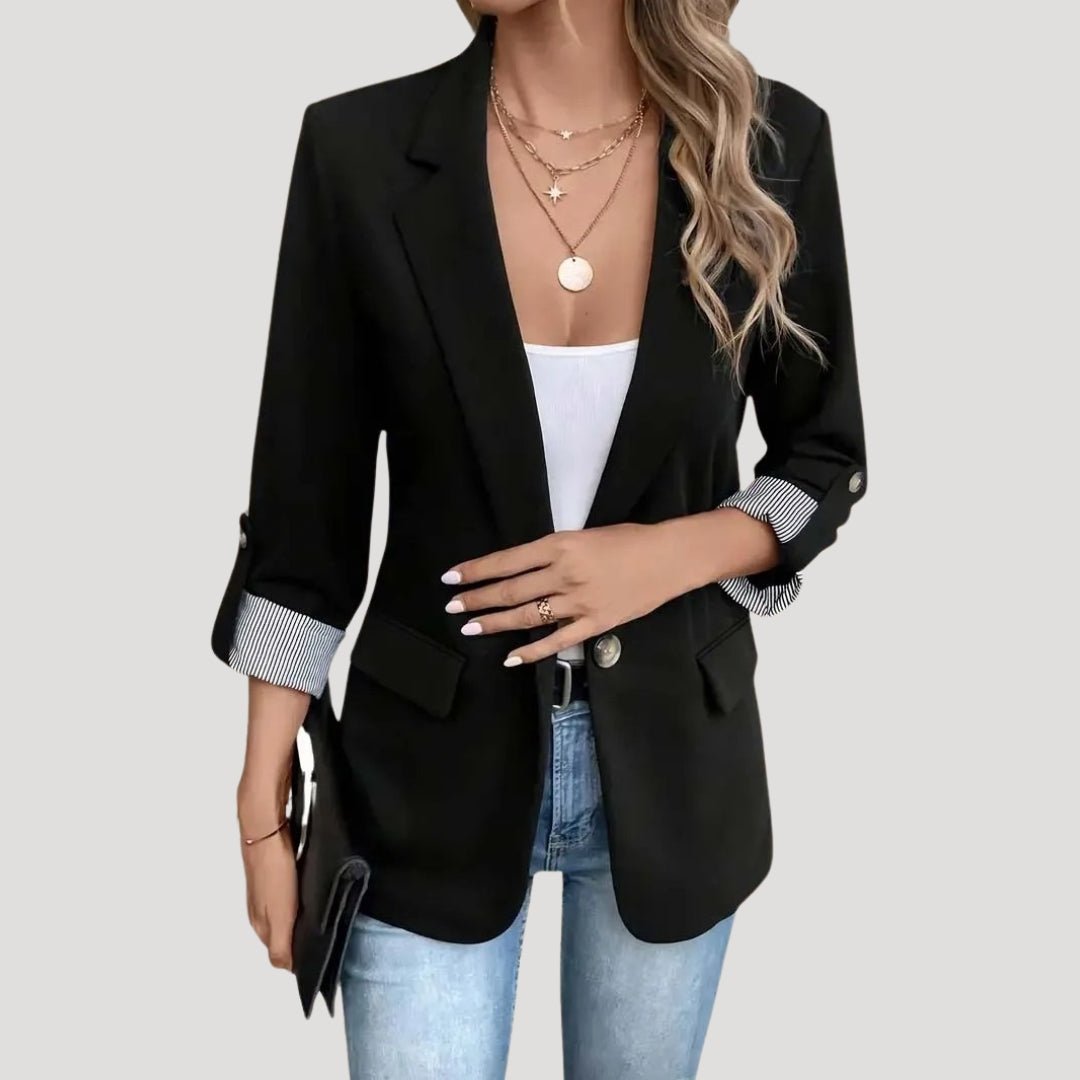 Single-Breasted Tailored Blazer with Roll-Up Sleeves in Black