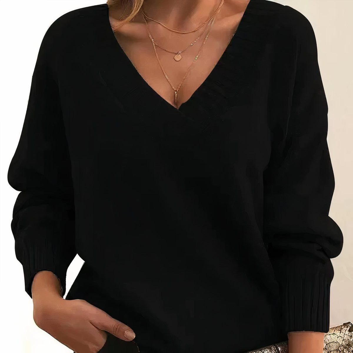 Soft-Touch V-Neck Sweater with Dropped Shoulders and Rib Cuffs in Black