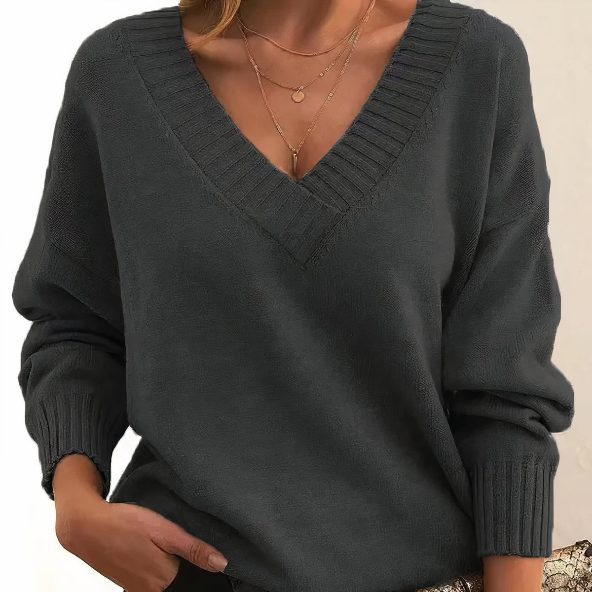 Soft-Touch V-Neck Sweater with Dropped Shoulders and Rib Cuffs in Dark Grey